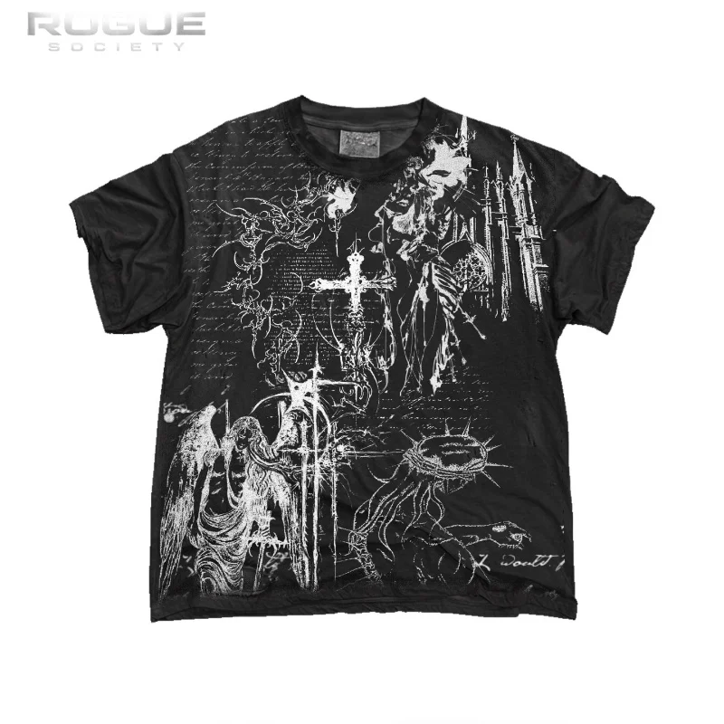 Luxury Summer Harajuku Gothic Vintage Washed Tshirt Angel Cross Sketch Print Loose Y2k Dark Streetwear Short Sleeve Unisex Tees