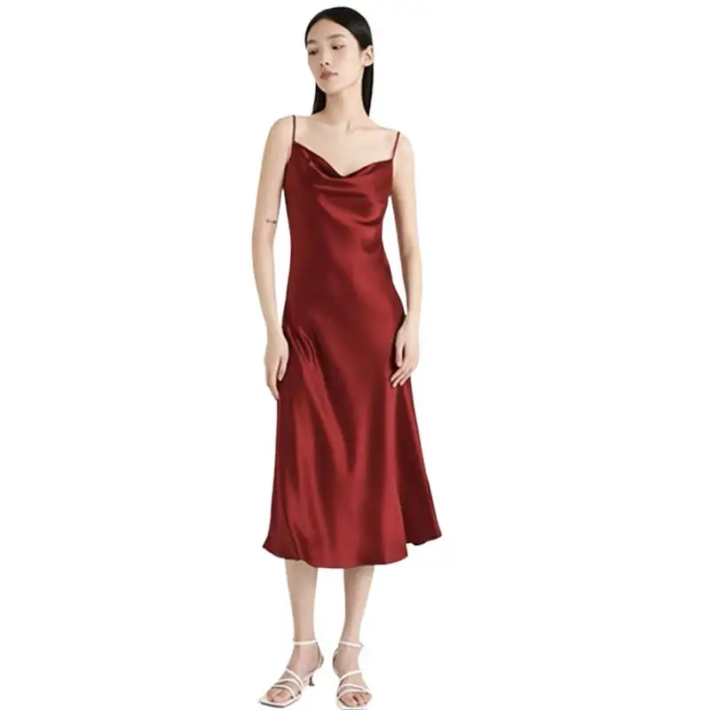 المرأة أزياء يتأرجح اللون الساتان فستان مثير الصلبة أنيقة حزب اللباس الصيف السباغيتي حزام فستان ستان ثلاثي الأسيتات #3