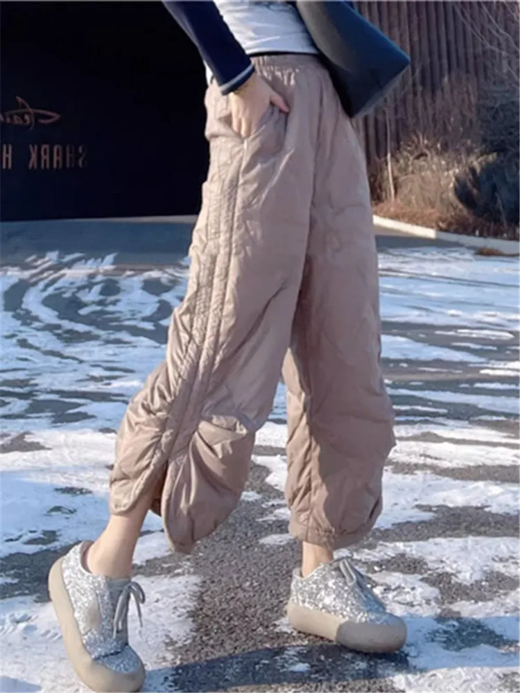 Women Winter Down Cotton Capris Pants Oversized Loose Fluffy Straight Trousesr Snow Wear Warm High Waist Baggy Pantalones 3XL