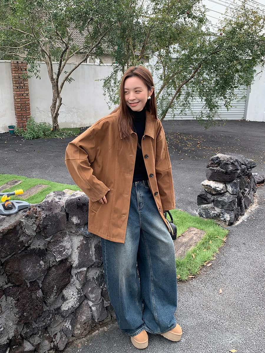 SIXI メルボルンスタイル ヴィンテージ ワークウェアジャケット レディース ルーズ ミドル丈 スエードコート カジュアル ルーズフィット レディース ショートアウター