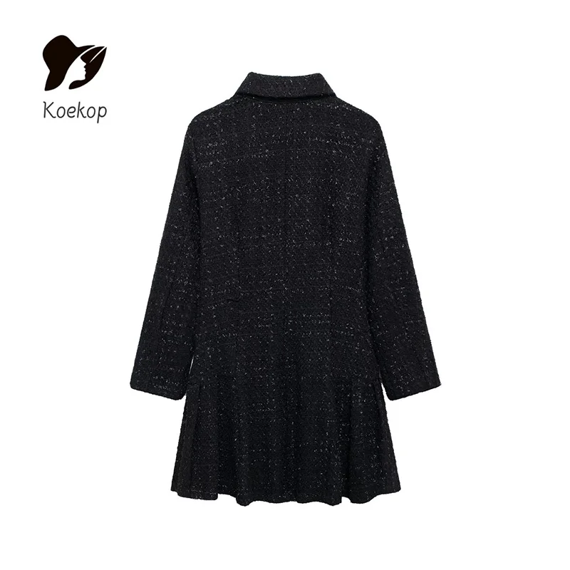 Koekop Women's Fashion Solid Color Stereoscopic Lapel Dress Vintage Casual Long Sleeve Temperament Women's Chic Lady Dresses