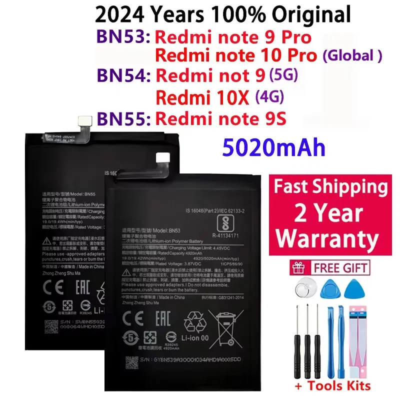 

100% Original 5020mAh BN53 BN54 BN55 Replacement Battery For Xiaomi Redmi Note 9 Pro 9S Bateria Mobile Phone Batteries Tools