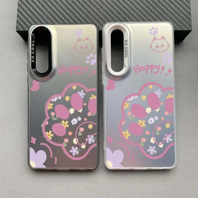 Cartoon Cat Happy Pattern For Samsung Galaxy A34 A33 A32 A31 A30S A30 A26 A25 A24 A23 A22 A21S A16 Colored Silver Phone Case