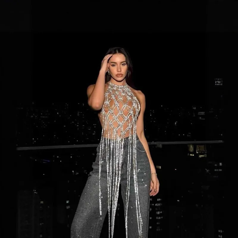 

Женский сексуальный топ ручной вязки с пайетками и бахромой, ажурный, прозрачный, с открытой спиной, на бретелях, с цепочкой на тело, в богемном стиле, для вечеринок и клубов