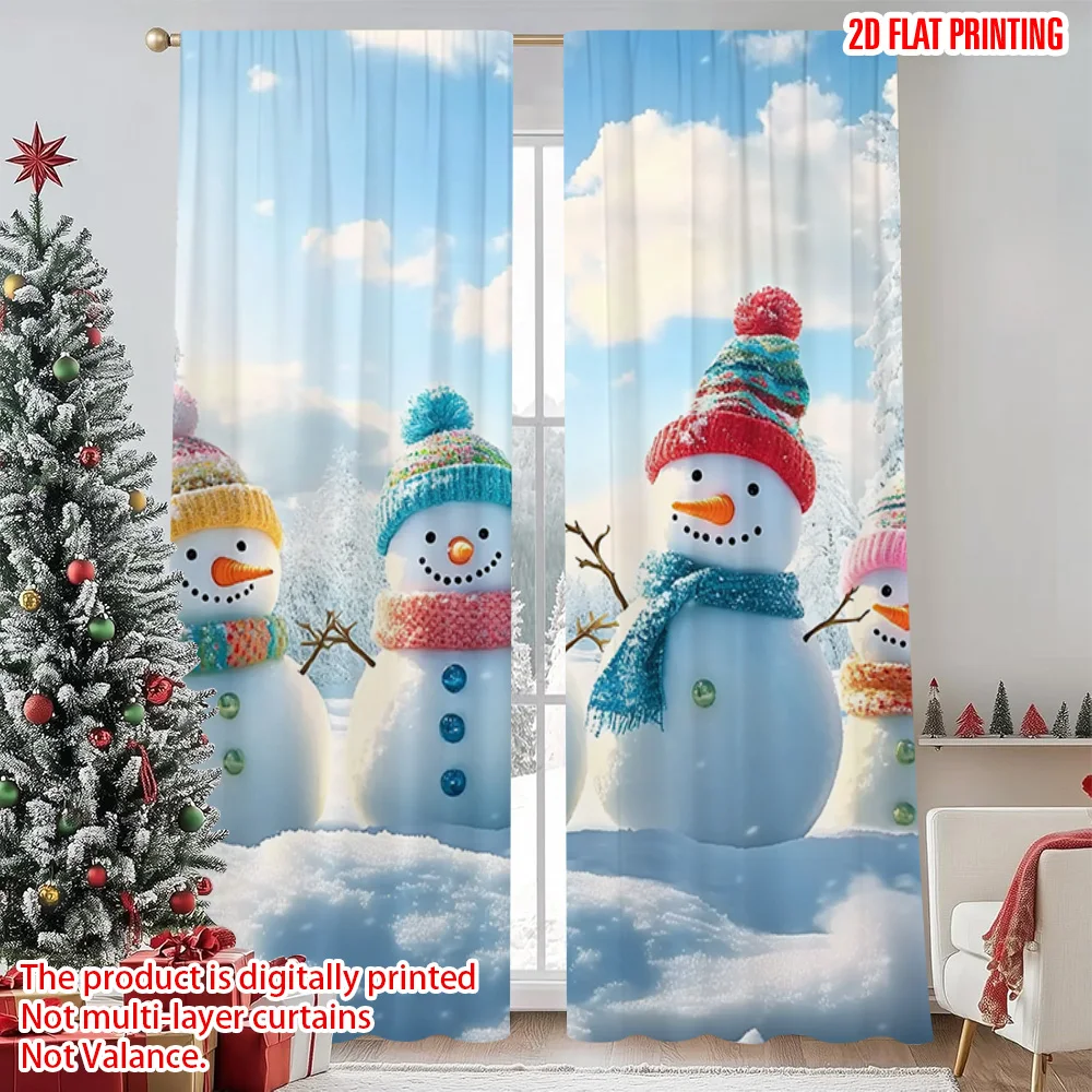 

2pcs 2D flat printing Merry Christmas Curtains Snowman Family Versatile Polyester Without Electricity Party Decorations Use for