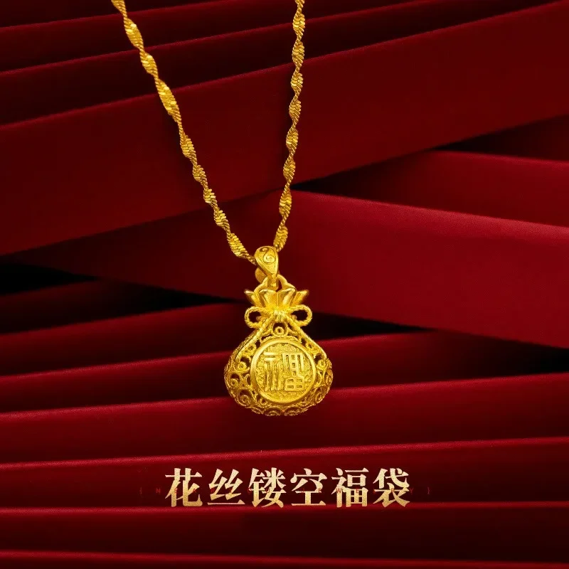 AU750 gold necklace 18K gold wire hollow bag pendant necklace retro hollow money bag neck jewelry for women