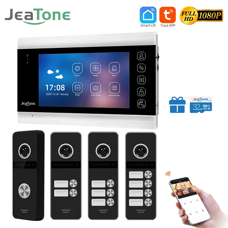 Jeatone 7 inch Tuya Video Intercom 1080P Wireless WIFI Video Doorbell Camera For Apartment 2.0MP Support 1-4 Floors Auto Record