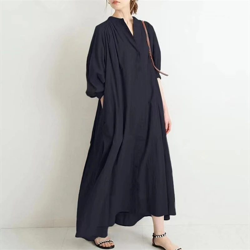 2023 Spring Summer New Solid Color Round Neck Single Breasted Vintage Dress Women Fashion Loose Casual Cotton Hemp Maxi Dresses