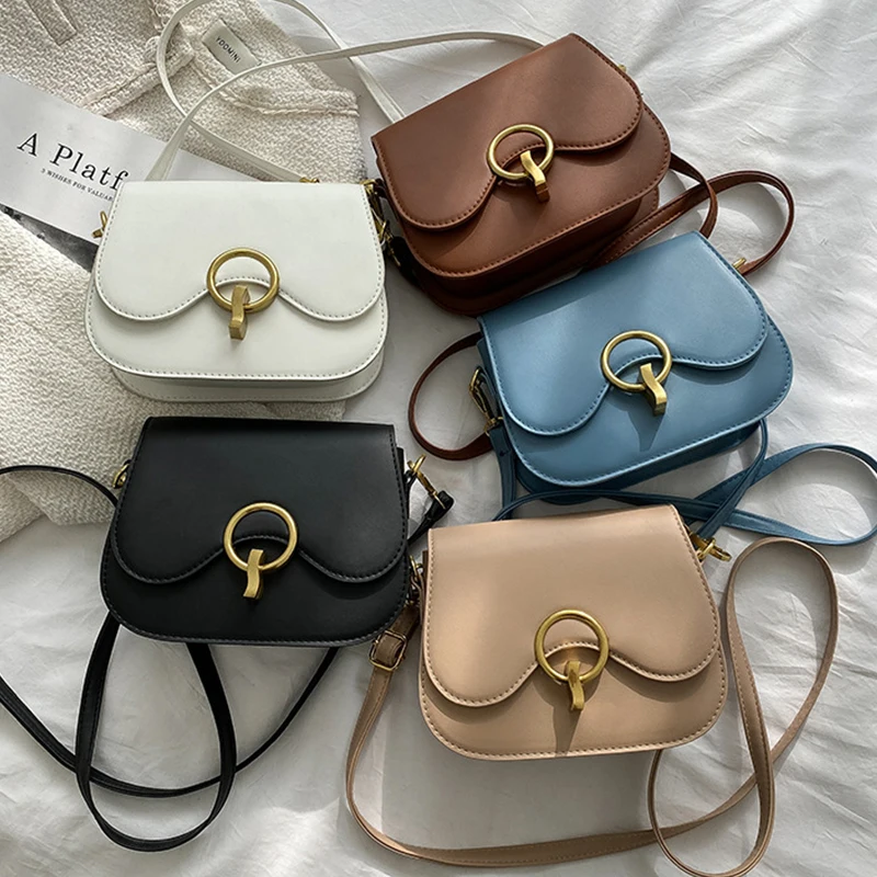 New Flap Crossbody Bags For Women Fashion Lock Design Shoulder Bag Solid Color Pu Leather Ladies Saddle Handbags Cross Body