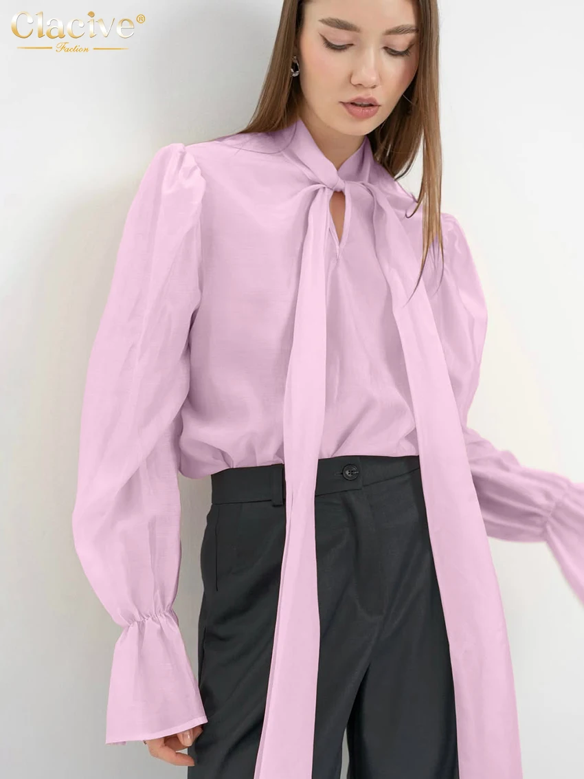 Clacive Sexy Loose White Women's Shirt 2026 Fashion Bow Collar Long Sleeve Shirts Elegant See Through Solid Top Female Clothing