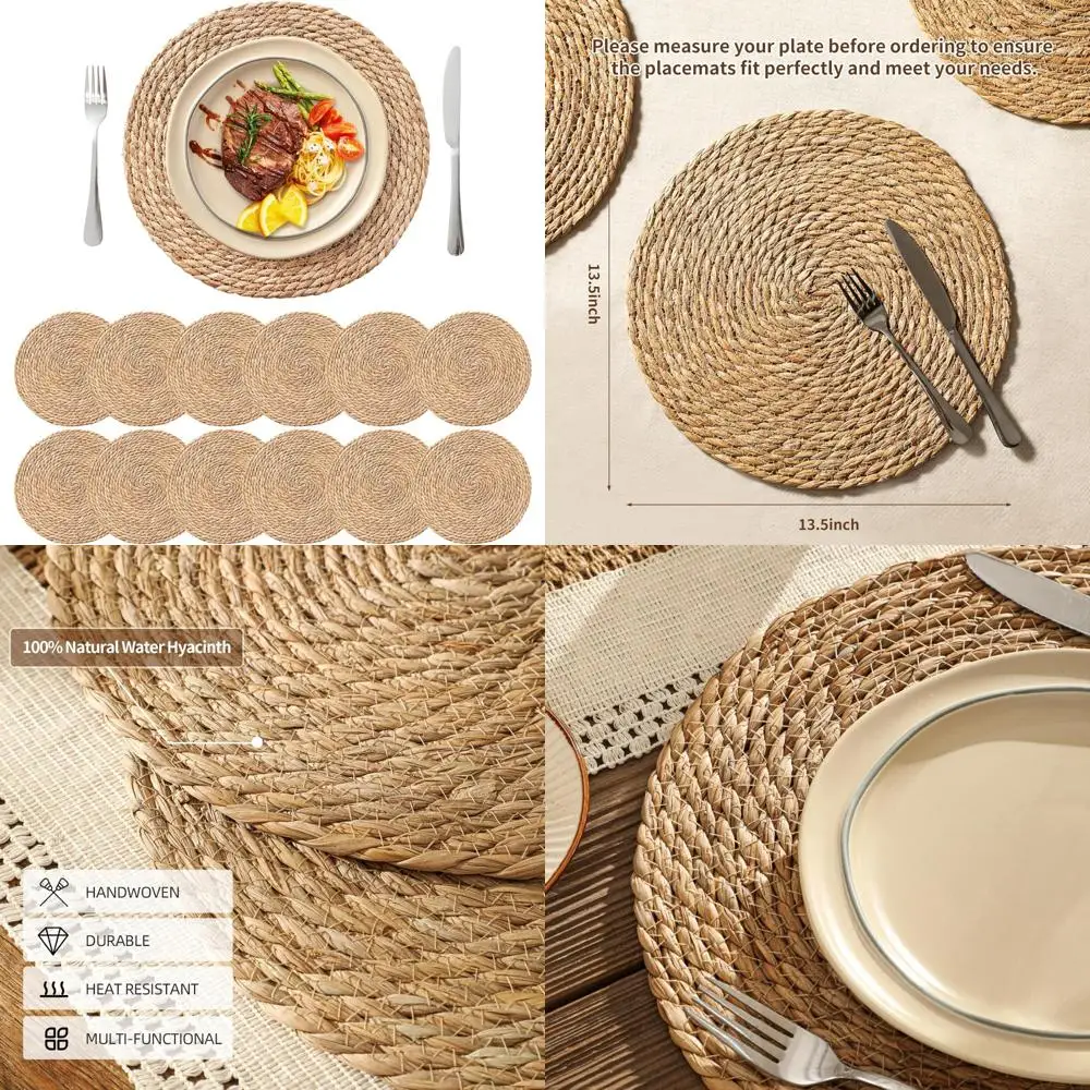 

Набор из 12 богемных подставок из ротанга, круглые тканые зарядные устройства 13,5 дюймов для обеденных тарелок, плетеные коврики для стола из соломы в деревенском стиле.