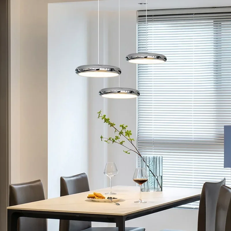 Bauhaus UFO Style Chrome Color LED Pendant Light 3-Light Chandelier Minimalist Hanging Island Lamp for Dining Room Bar Restauran
