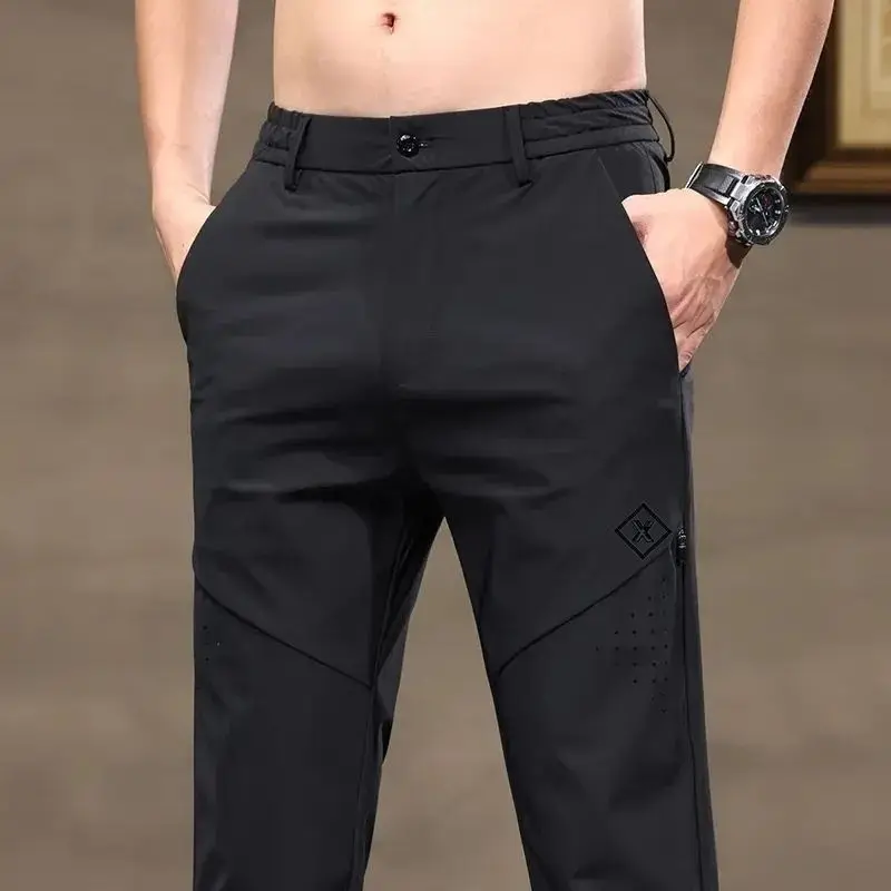 Celana Kasual Tipis Sutra Es untuk Pria Celana Bisnis Mewah Kaki Lurus Longgar, Celana Pria Musim Panas Modis