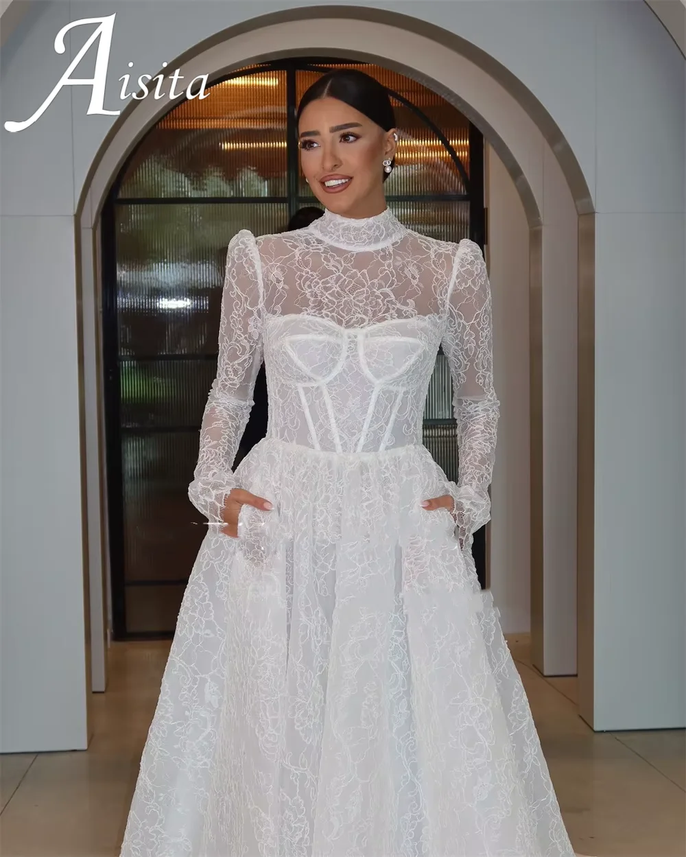 

Luxury Ivory Lace Wedding Dress High Neck 2025 A Line Bridal Gown Full Sleeves Floor Length Princess Bridal Gown Customized