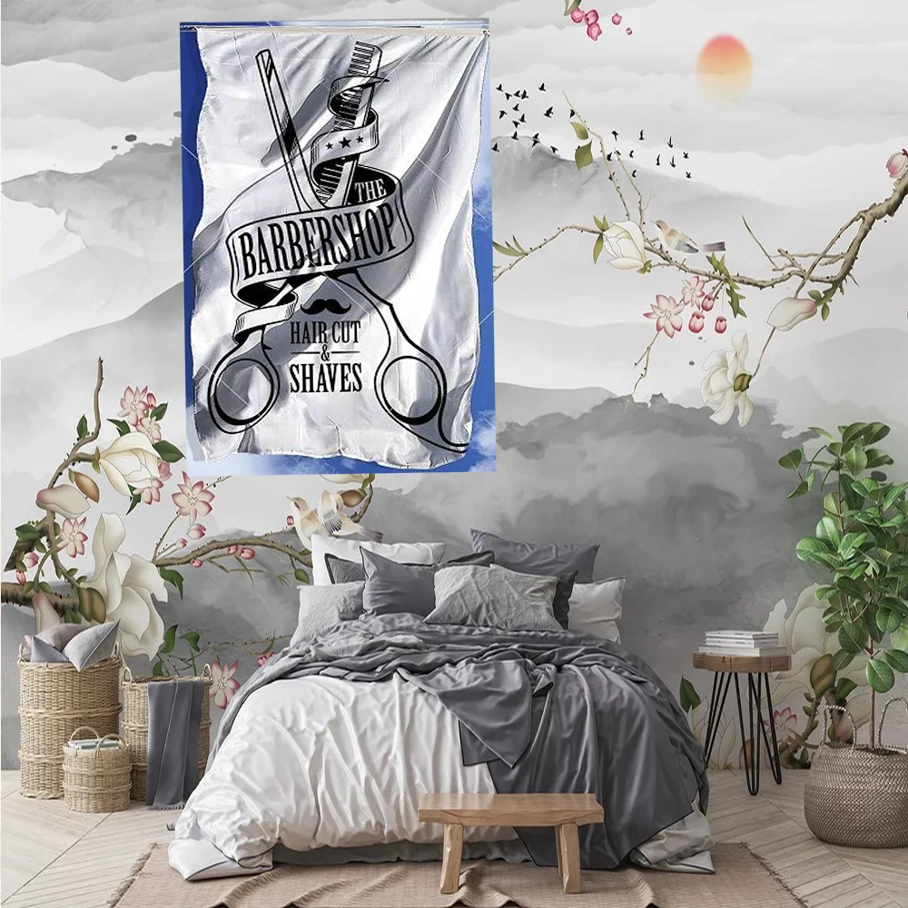 2X3FT white banner of barber shop 3 x 5FT WITH hair cut & shaves festival art flag