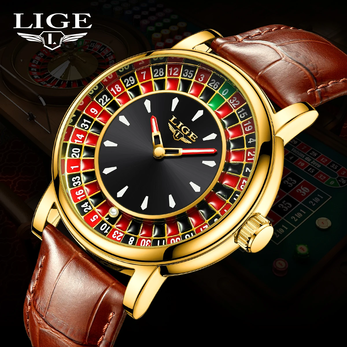 

LIGE Fashion Leather Men Lucky Watch Rotating Dial Las Vegas Roulette Desktop Lucky Watch Men Waterproof Luminous Clock Watches