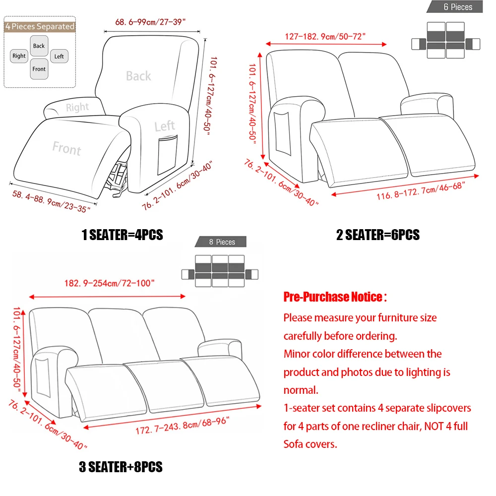 1/2/3Seater Velvet Recliner Sofa Cover Soft Solid Color Stretch Slipcovers Non-slip Armchair Lazy Couch Cover for Living Room