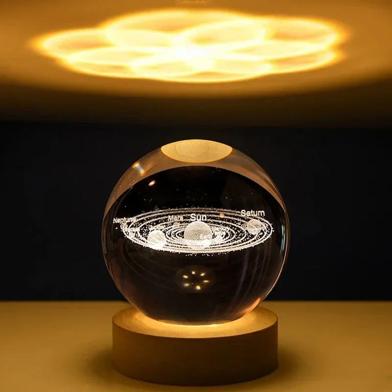 LED كريستال الكرة الجدول مصباح ، الكون سلسلة ضوء الليل ، الصلبة الخشب قاعدة ، متوهجة الكريستال ، زخرفة صغيرة ، درب التبانة ، 8 سنتيمتر