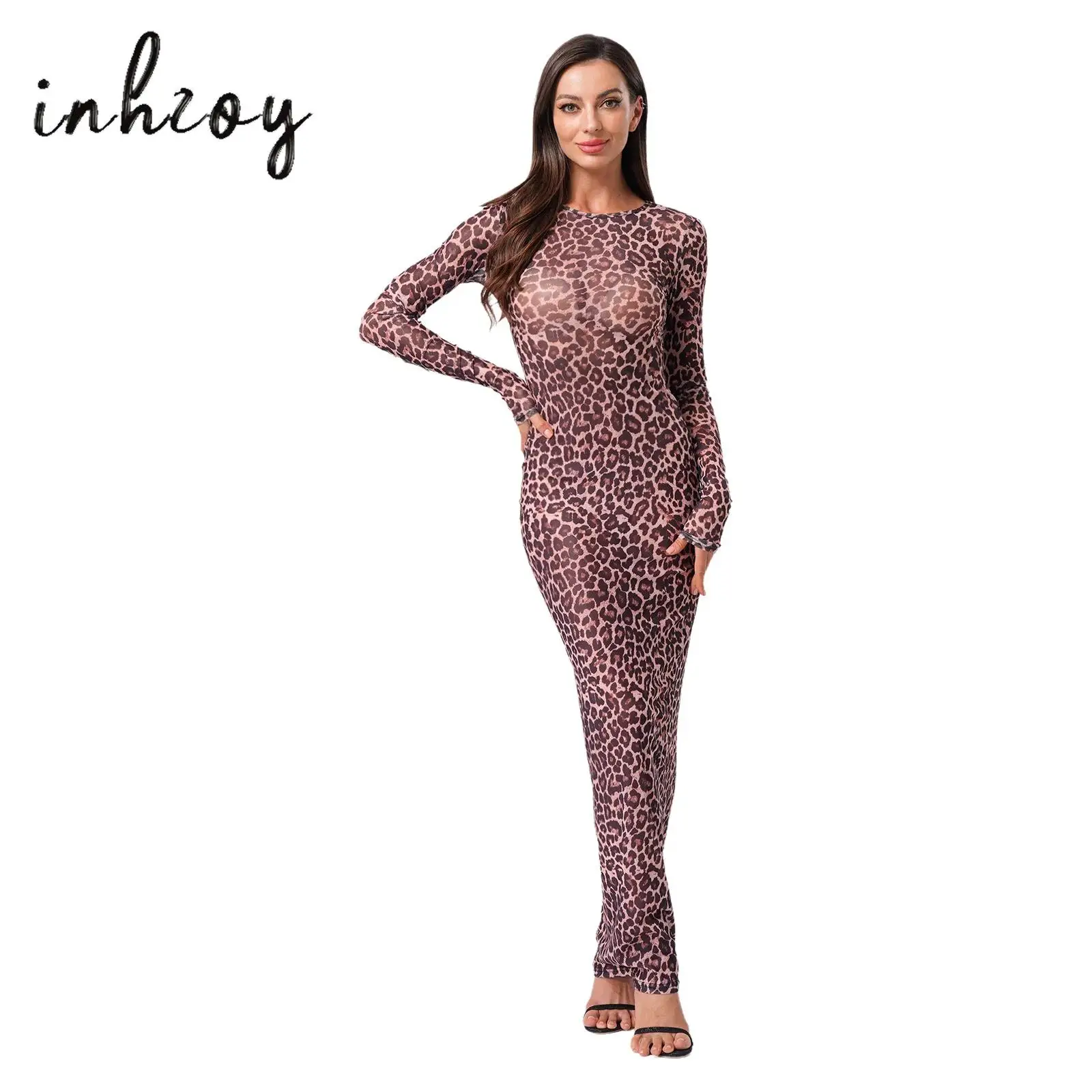 

Womens Leopard Print Sheer Mesh Sexy Maxi Dress Crew Neck Long Sleeve Bodycon Long Dress Cover Up Dress for Night Club Beachwear