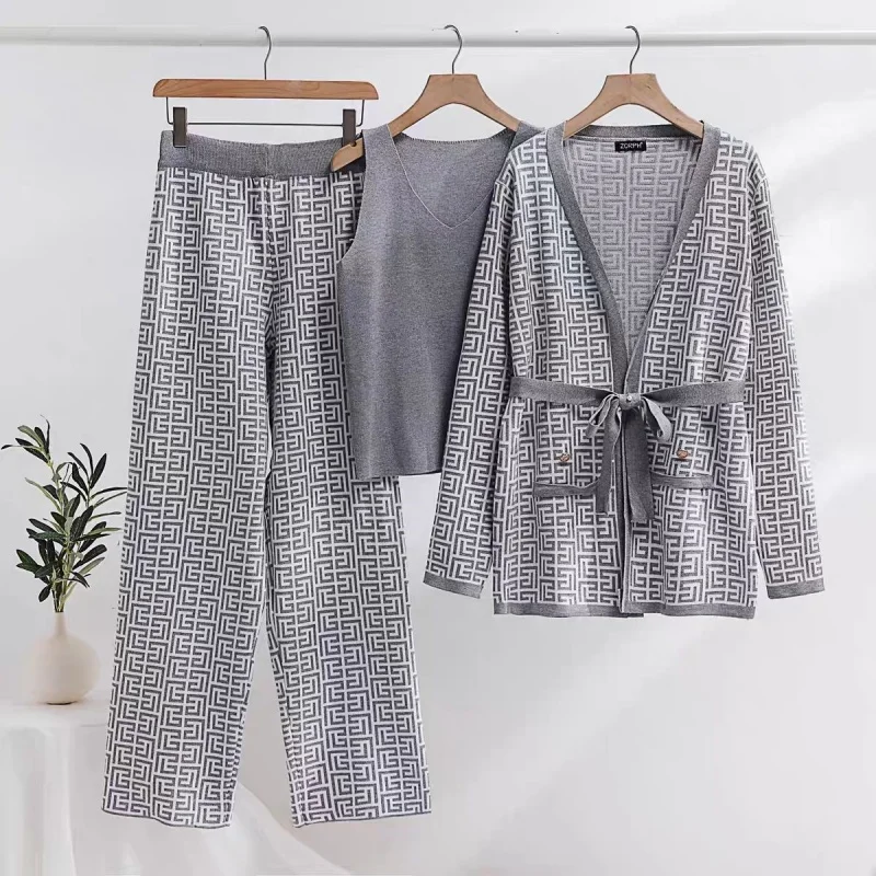 Fashionable and Casual Temperament, Waist Tied Knit Cardigan Top, Three Piece Set for Women, High Waist and Wide Leg Pants