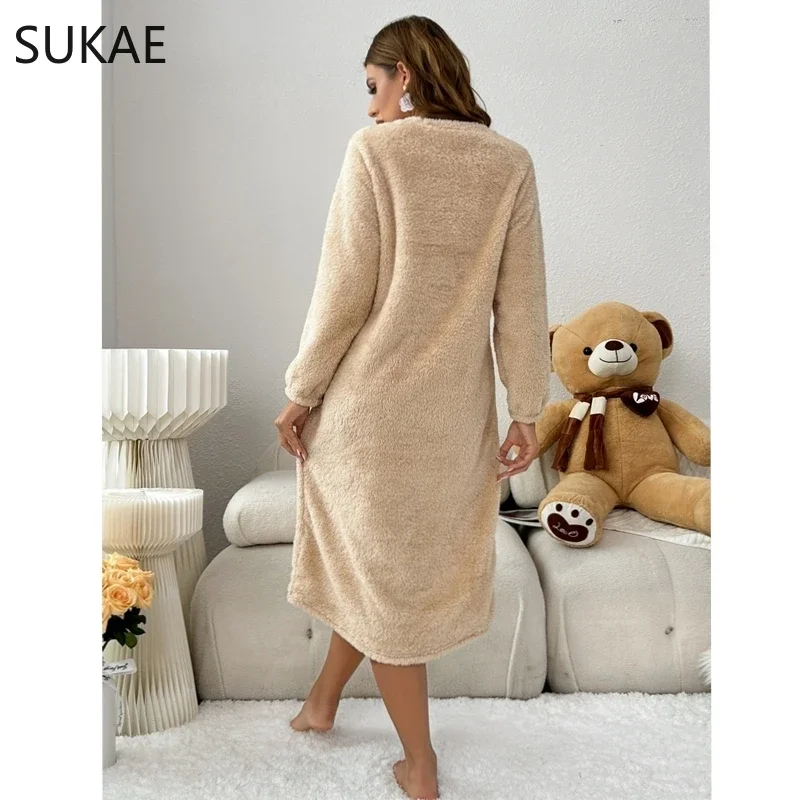 Fashion Cute Bear Winter Women Long Sleeves Thermal Nightgowns Flannel Long Sleepshirt Pullover Fluffy Nightwear Woman Homewear