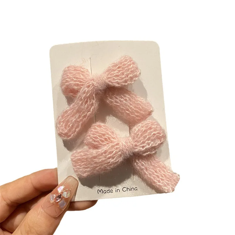 Autumn Winter Cute Knitted Wool Bow Hairpin Sweet Girl Heart Hair Accessories Colored Plush Hairpin Edge Clip Bridesmaid Gift