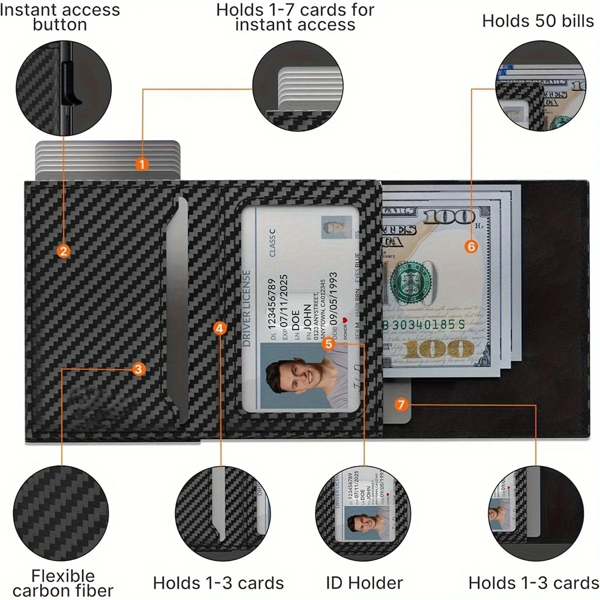 Mens Smart Wallet Card Holder for AirTag: Slim, Carbon Fiber, Minimalist - 9-14 Card Capacity | ID Window | Cash Slot