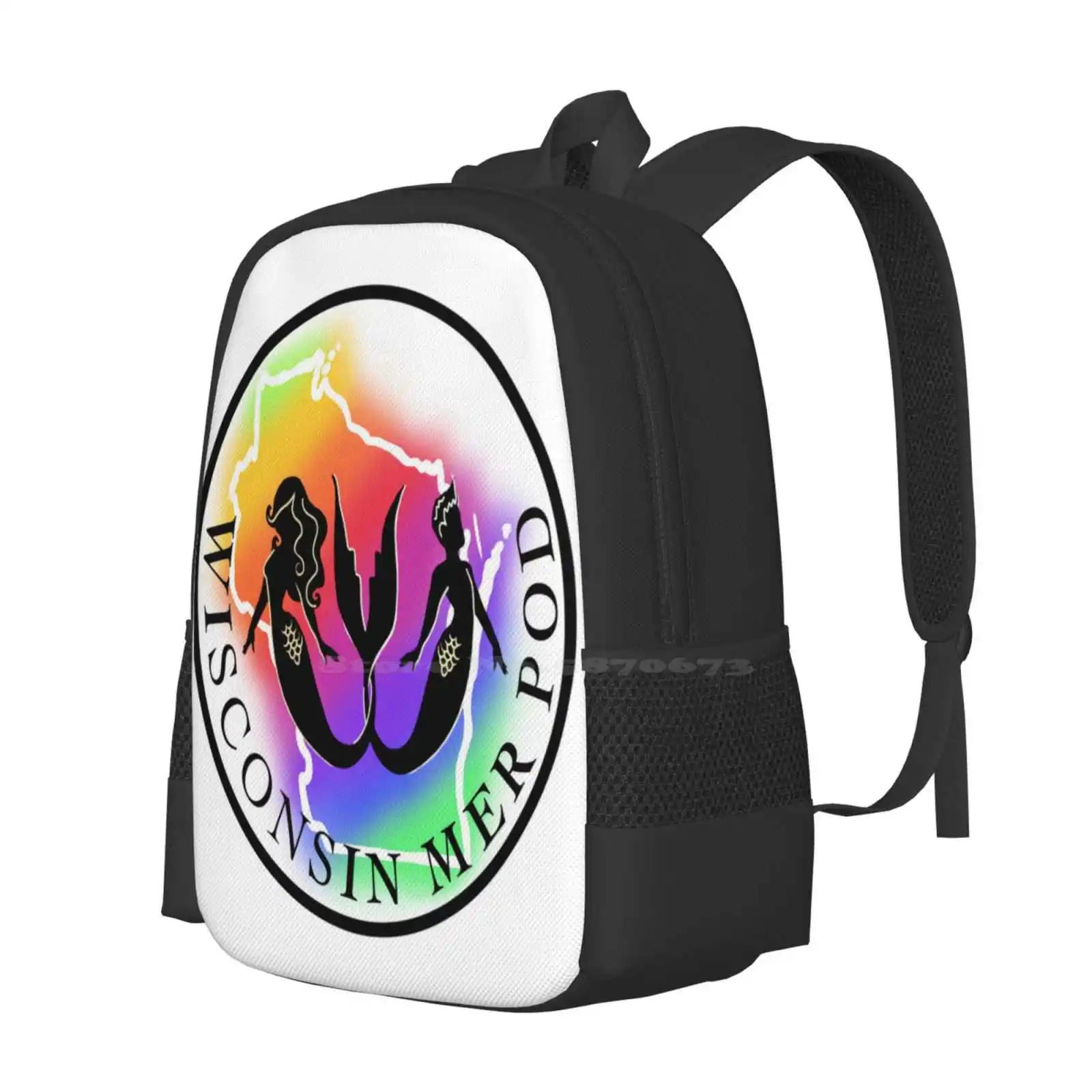 Wi Mer Pod - Black Lettering/White Background Hot Sale Schoolbag Backpack Fashion Bags Wi Mer Pod Wimerpod Mermaid Merfolk