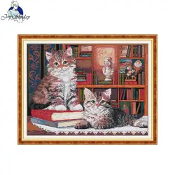 Joy Sunday Cross Stitch Kit with A Gift The Learned Cat Pattern Printed Counted Aida 16CT 14CT 11CT Art Craft DIY Embroidery Kit