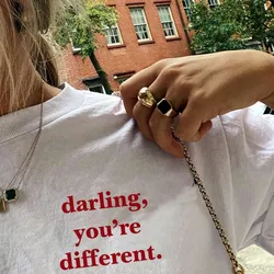 Darling You're Different Letters Printed Summer White T Shirt Women Short Sleeve Cotton Loose Tops Ins Fashion Chic Graphic Tees