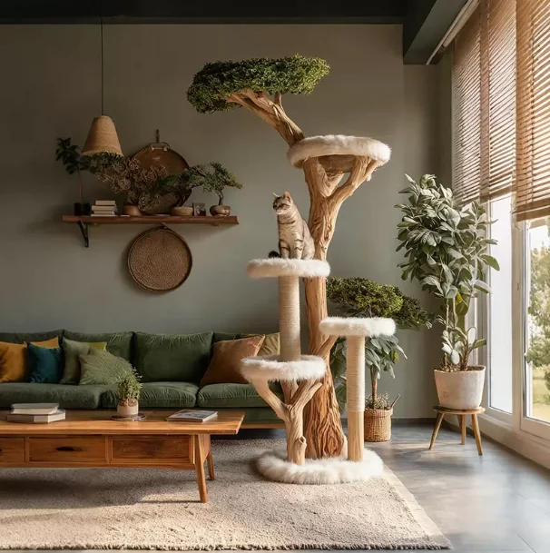 Premium Solid Wood Modern Luxury Pet Tree Villa, Multi-Level Tower Nest with Plush Fabric for Climbing