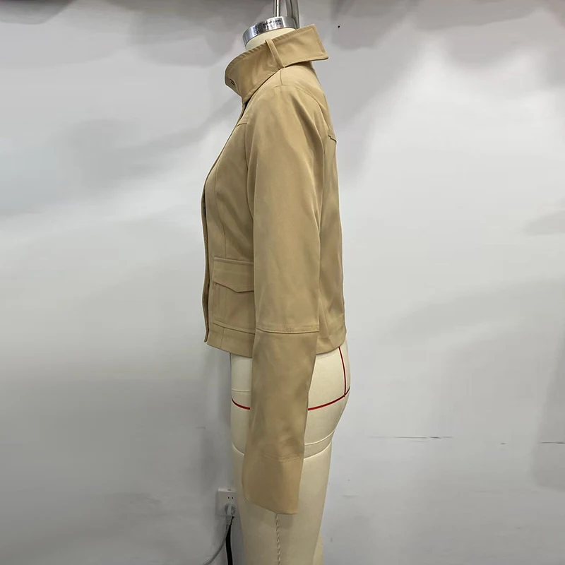 Damenjacken mit Stehkragen, Langen Ärmeln, Doppelreihigen Taschen, Frühlings- und Herbstmäntel, Einfarbig, Locker Geschnitten, Safari-Stil, Neue Oberbekleidung – Detail 4