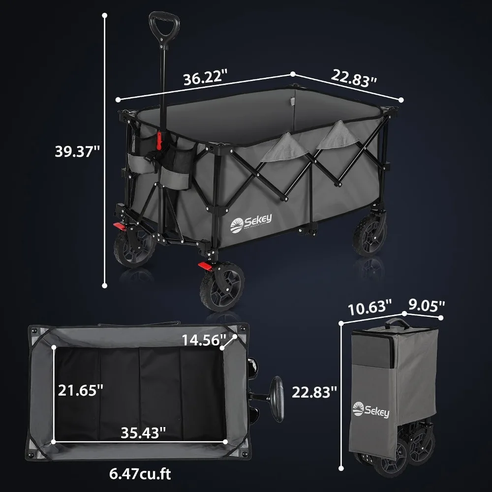 Imagem -02 - Heavy Duty Folding Wagon Carrinho Grandes Rodas de Todo o Terreno Suportes de Bebidas Carrinho Cinza Carrinhos de Mão de Acampamento