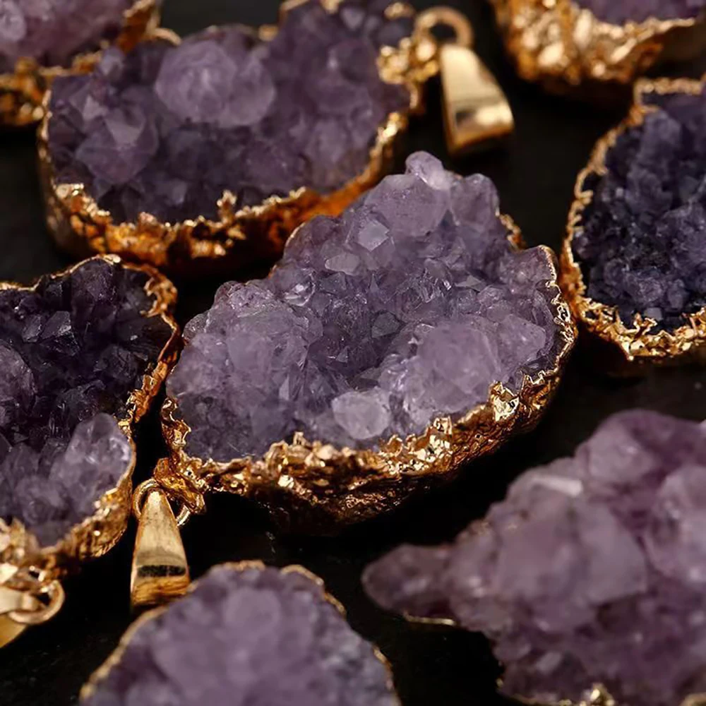 Natural Raw Uruguay Amethyst Healing Crystals Stone Pendant Irregular Mini Cluster Golden Edge Druzy Necklace for Women Jewelry