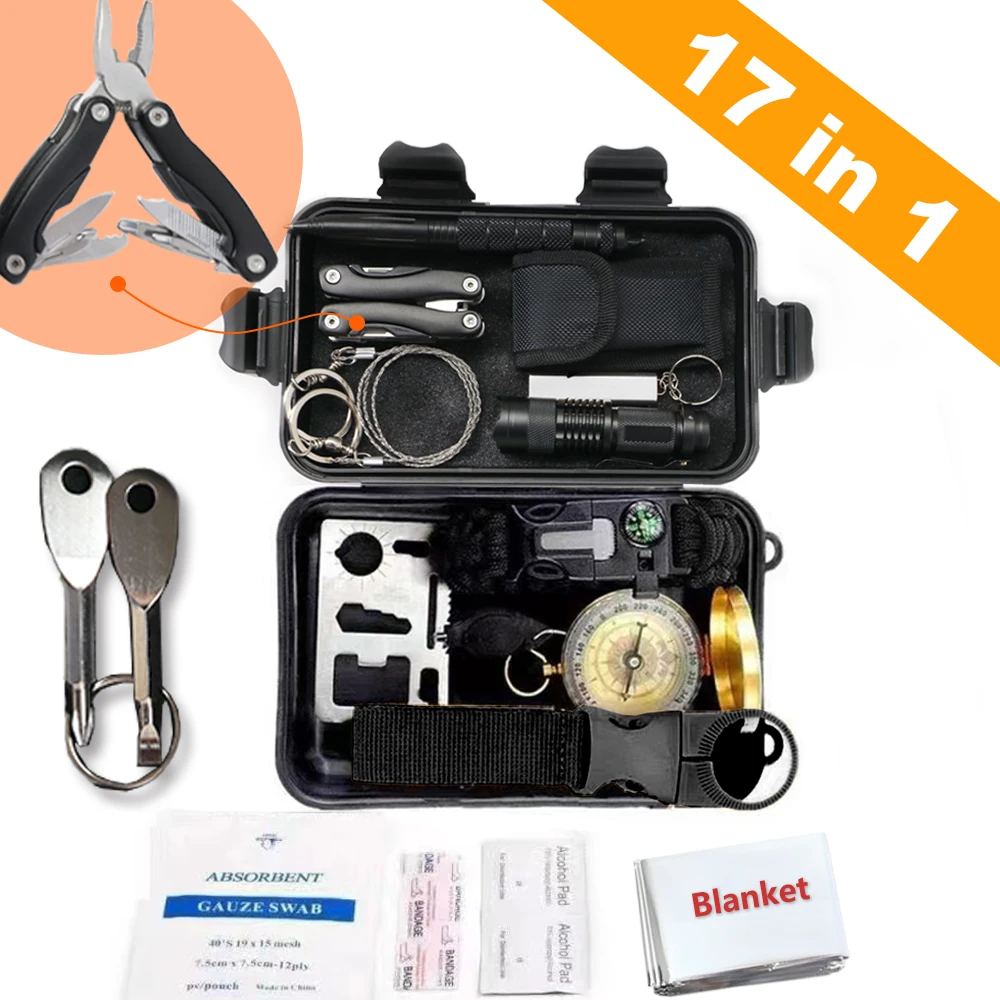 17 in 1 Survival kit set military outdoor travel mini camping tools aid kit emergency  survive Wristband whistle blanket knife