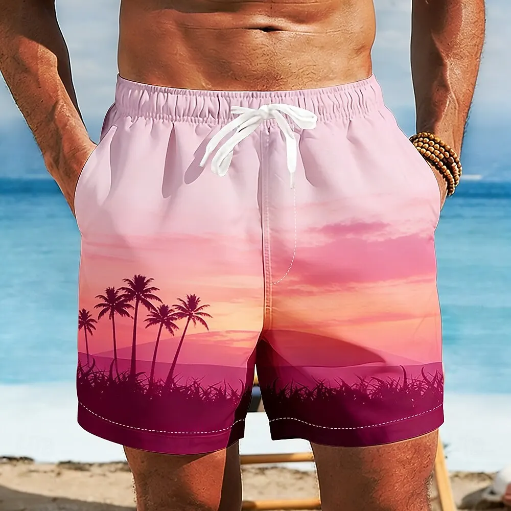 

Men's elegant and fresh sunset and sunset with palm tree print pants casual fashion suitable for daily wear and summer travel