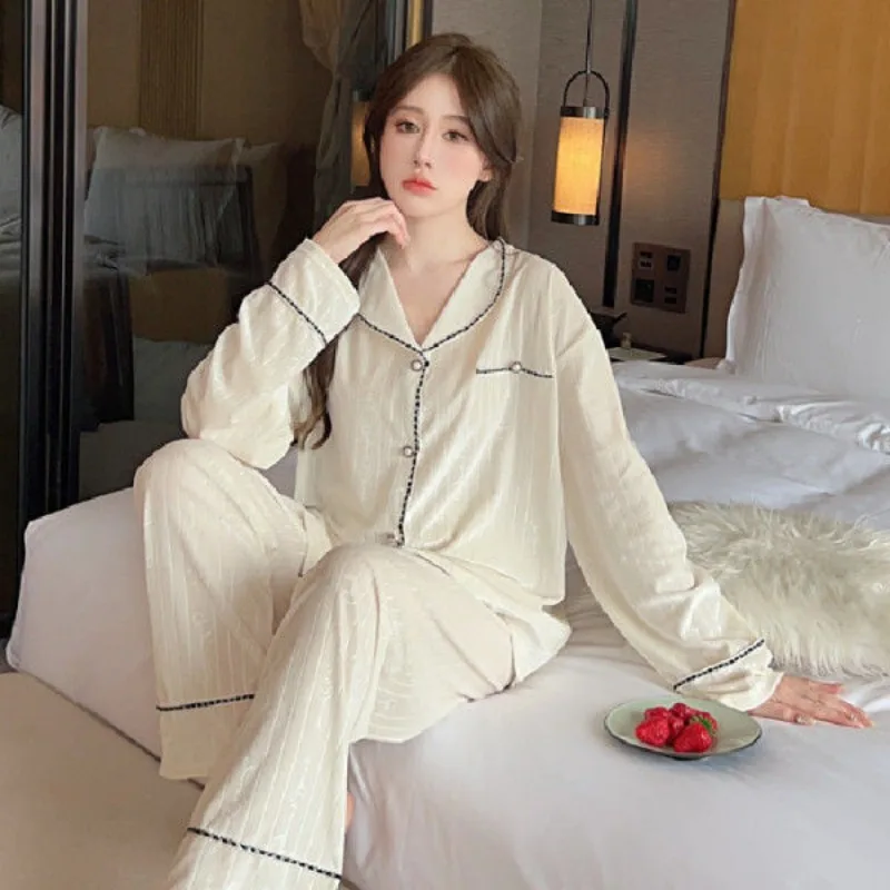 Golden Velvet Pajamas Women\'s Spring Autumn New Trendy Sweet Pijamas Suit Pure Lace Long Sleeved Home Clothing Two-piece Sets