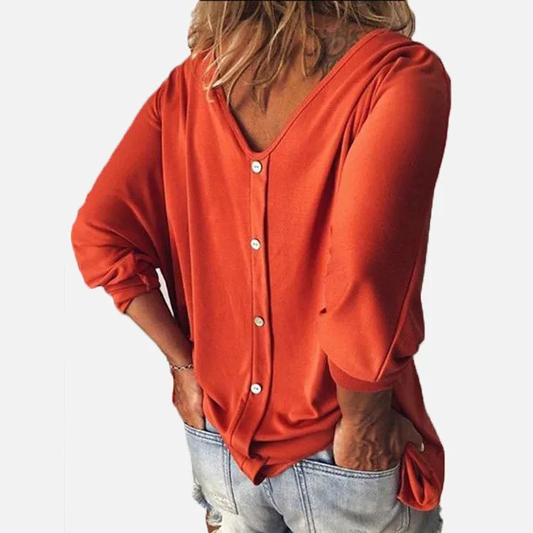 Plus Größe Lose frauen Hemd V-ausschnitt Overhead Drei-Viertel Hülse Casual Weibliche Top Taste Dekoration Gepolsterte Schulter – Detail 3