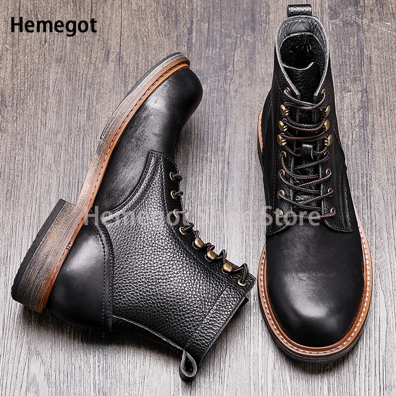 Vintage Cowhide Motorcycle Boots Men's Work Boots Leather Boots Lace-Up High-Top Lace-Up Retro Boots Males Black Brown Booties