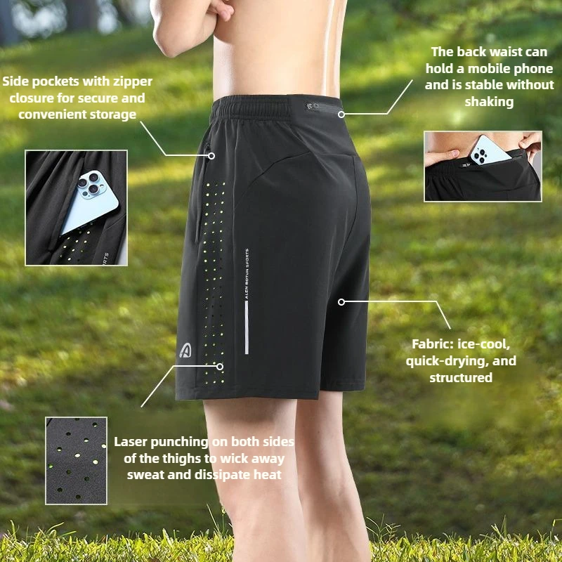 

Men's New Quick - Dry Ice Silk Shorts: With Back Waist & Zipper Pockets for Running, Sports & Fitness