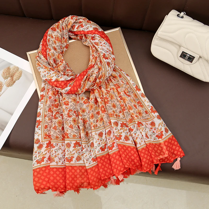 New Pattern Women Tassels Polyester Scarf Fashion Small Flower Print Long Scarf Beach Leisure Sun Protection