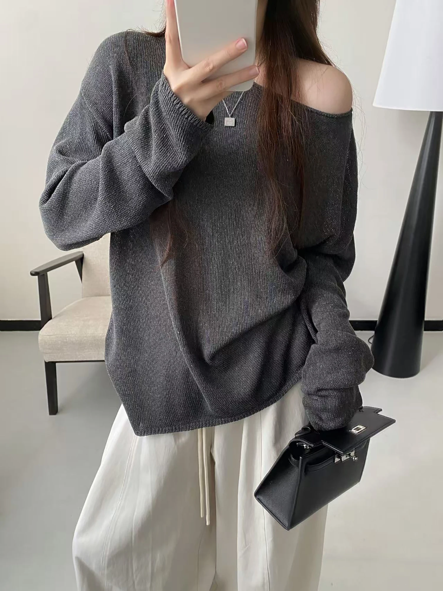 

Мягкий льняной вязаный свитер с длинными рукавами, свободного кроя, повседневный, удобный, в корейском стиле, с круглым вырезом, однотонный, для города, модный