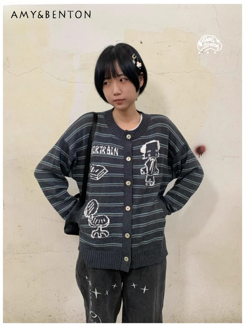 

2024 Japanese Autumn Yameng Original Design Cartoon Puppy Cardigan Gray Striped Crew Neck Sweater Jacket For Women