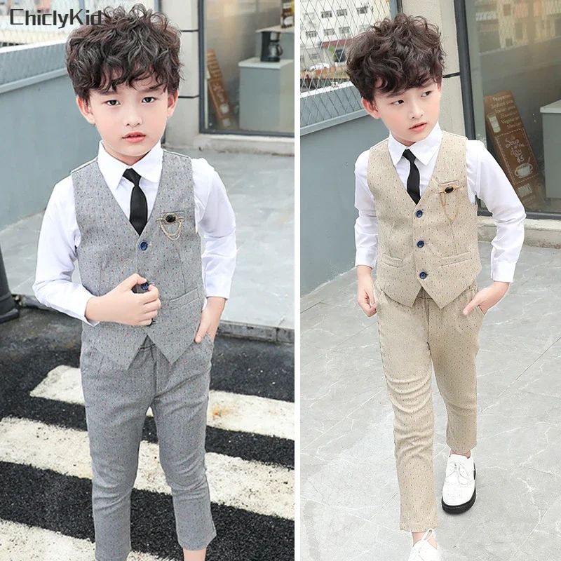 Boy Plaid Vest Blazer Kids Waistcoat Wedding Clothes Set Toddler Formal Dress Suit Child Brooch Shirt Pant Baby Gentlemen Outfit