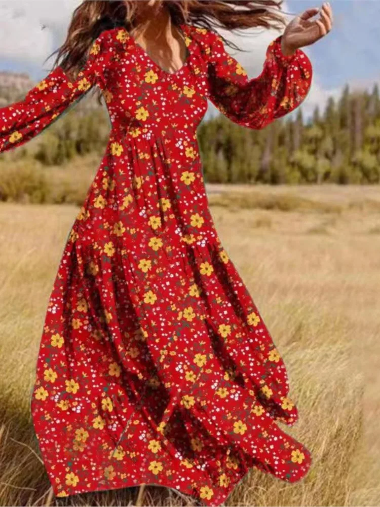 ربيع الخريف عادية بوهو الأزهار طباعة فستان طويل للنساء أنيقة فساتين ماكسي للحفلات كم كامل كشكش خمر فستان الإناث