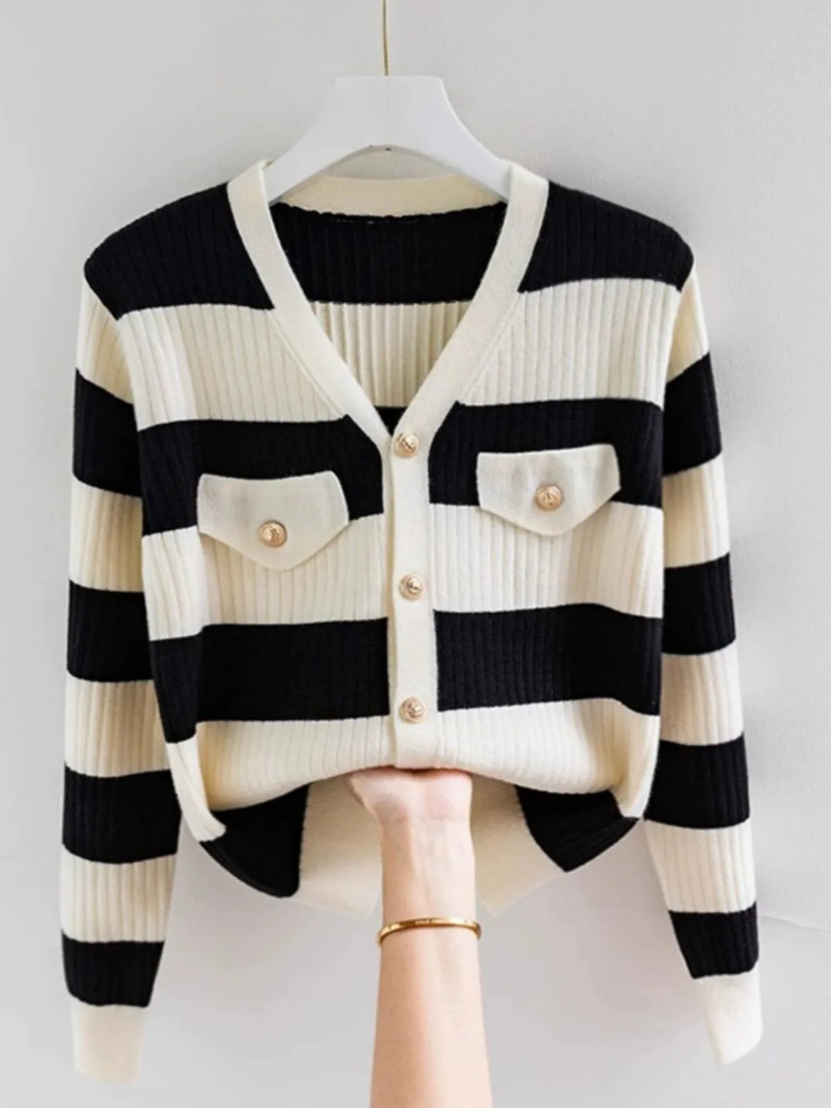

V-neck Striped Knitted Cardigan For Women Gold Button Autumn Sweater Jackets Korean Casual Fashion Elegant Knitting Coat