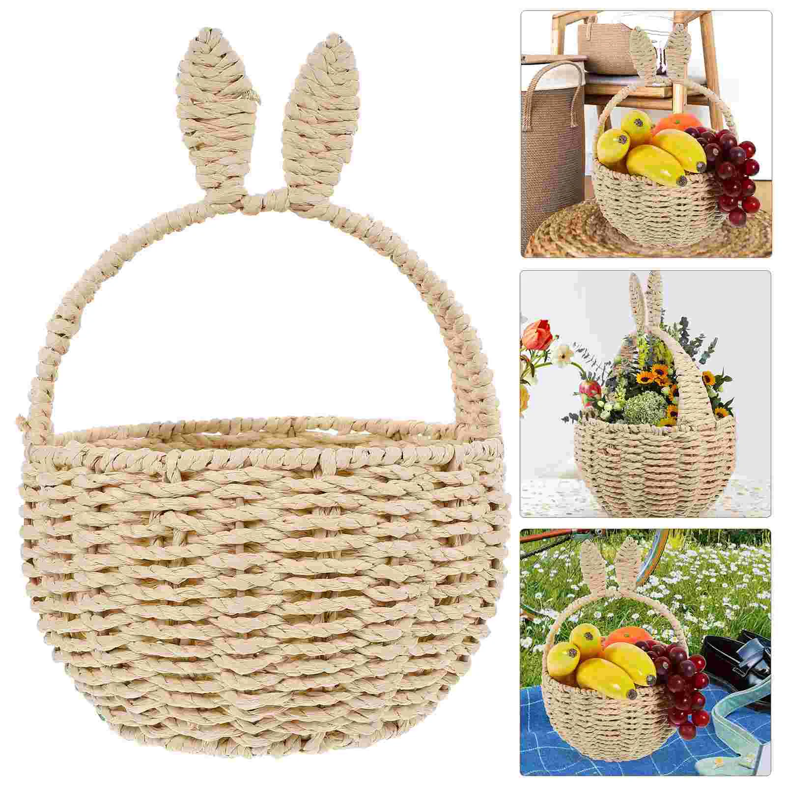 

Baby Toy Rabbit Ears Basket Sundries Holder Storage Baskets Easter Woven Imitation Rattan Handwoven Round