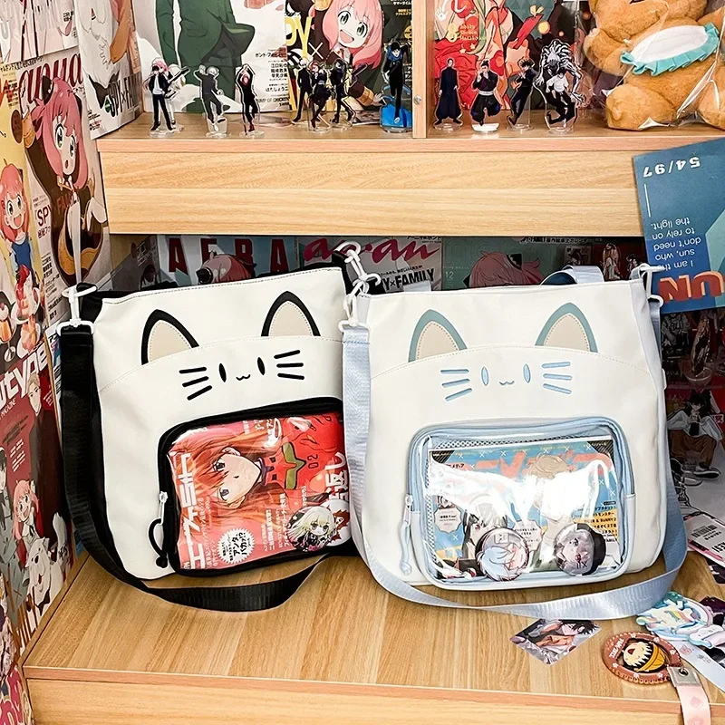 Y2k gato bonito ita bolsa de ombro grande capacidade feminina náilon crossbody saco kawaii menina bolso transparente diy display bolsa casual