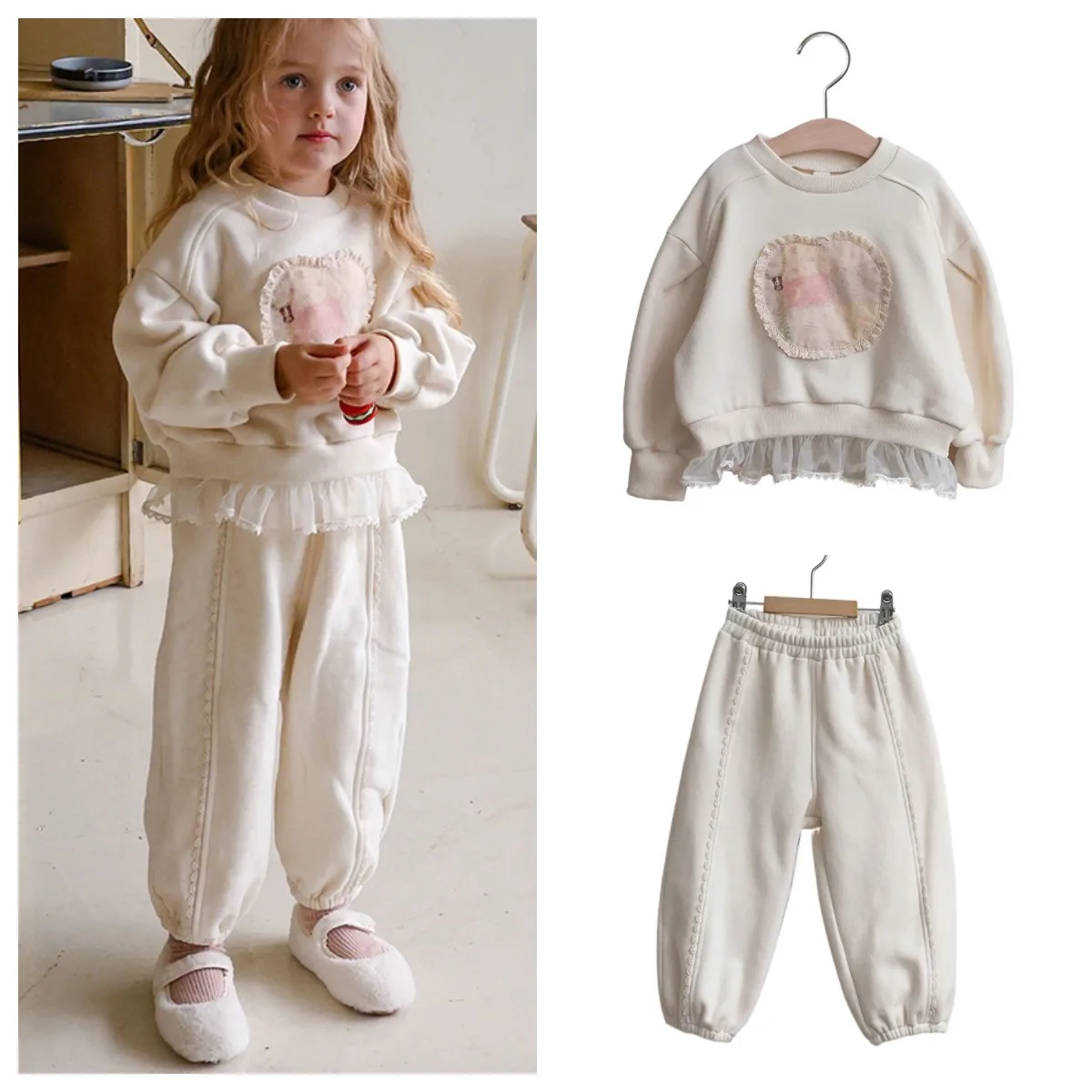 

2025 Winter New Children and Kids Girls Lace Cute Floral Round Neck Pullover Fleece Sweater and Pants Clohtes Set