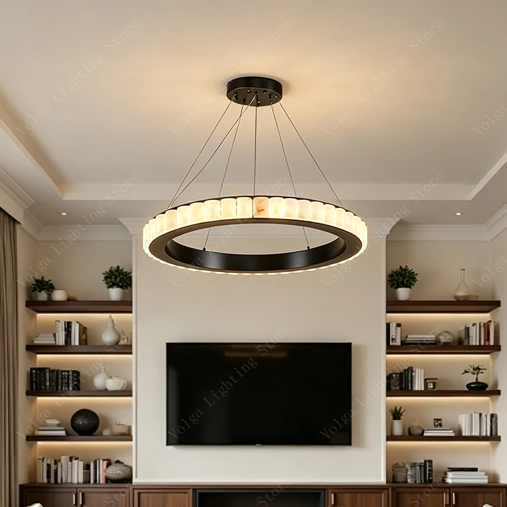 Modern Real Natural Marble Round Chandelier Gold Black Luxury Stone Hanging Lamps Alabaster Home Decor Lustres for Living Room